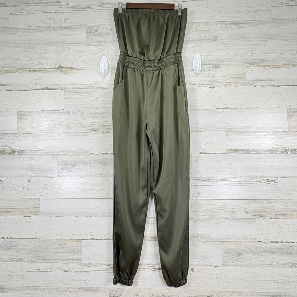 Rue 21 Olive Green Strapless Satin Jumpsuit Pockets Smocked Waist Casual Size M